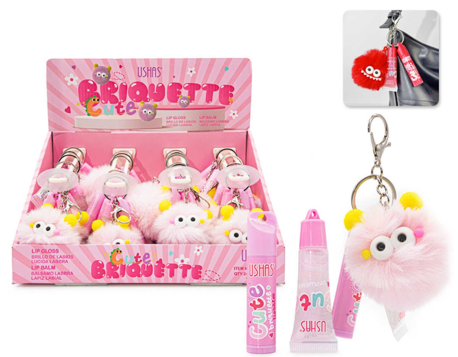 Set Bálsamo + Gloss + Llavero Peludito Blanco Coquitos Amarillo